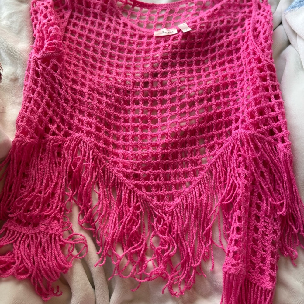 Chic Pink Fringe Knit Poncho